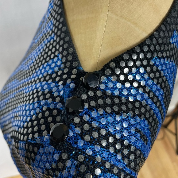 Vtg 80s Glam St. John Knit Sweater Blue Zebra Top Rock Sequin Shiny Retro Print - Picture 4 of 16